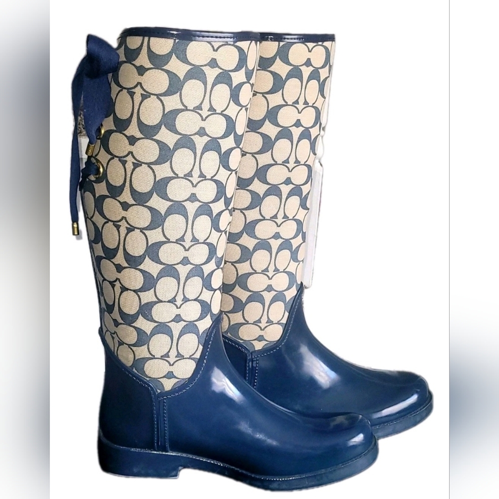Coach Tristee Lace Up Women's Tall Rubber & Jacquard Rain Boots Shoes Size 10